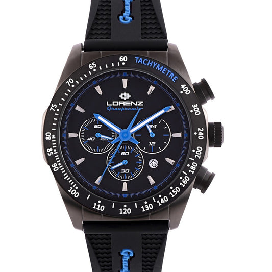 LORENZ 030233BB Uomo 42mm Acciaio Silicone Nero Nero Azzurro Quarzo Cronografo 5ATM