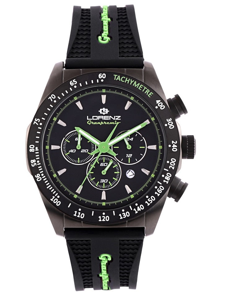 LORENZ 030233DD Uomo 42mm Acciaio Silicone Nero Nero Verde Quarzo Cronografo 5ATM